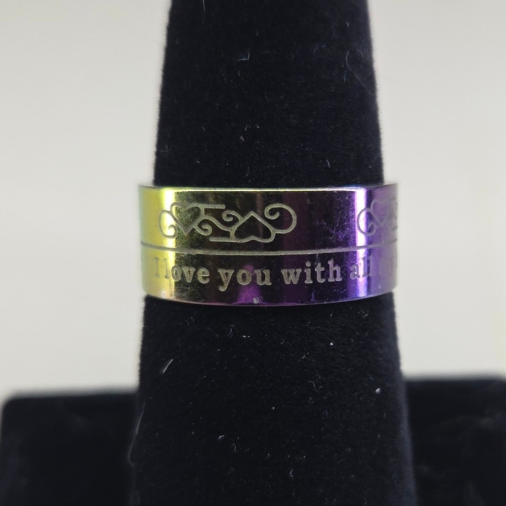 Rainbow Iridescent I Love You With All My Heart Etched Band Ring Size 7.5